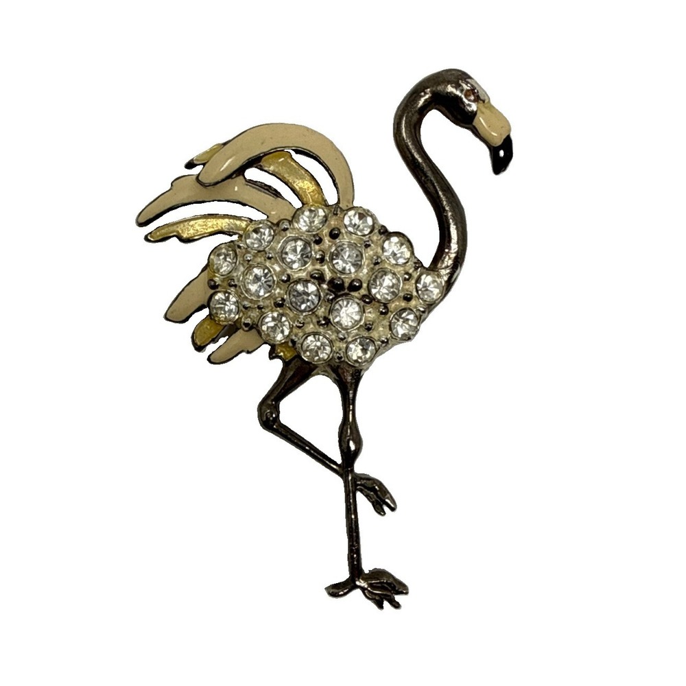 Flamingo Brooch Pin Enamel Rhinestone Vintage 40s
